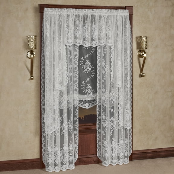 Fiona White Lace Window Treatment; Insert and 63L Swag Valances, Shade, 2-95L Panels Set