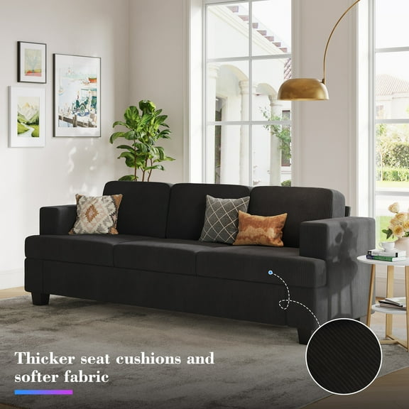 Fiona's 89" Black Magic Corduroy 3-Seater Deep-Seat Floor Couch&Reclining Sectional Futon Bed with led light