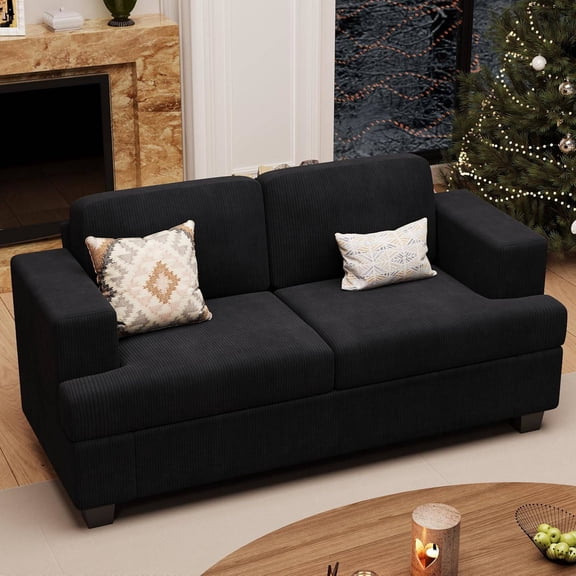 Fiona's magic 63 Corduroy Loveseat Sofa Couch for Living Room, Small Couch with Deep Seat for Bedroom, Cloud Loveseat for Living Room, Black Corduroy