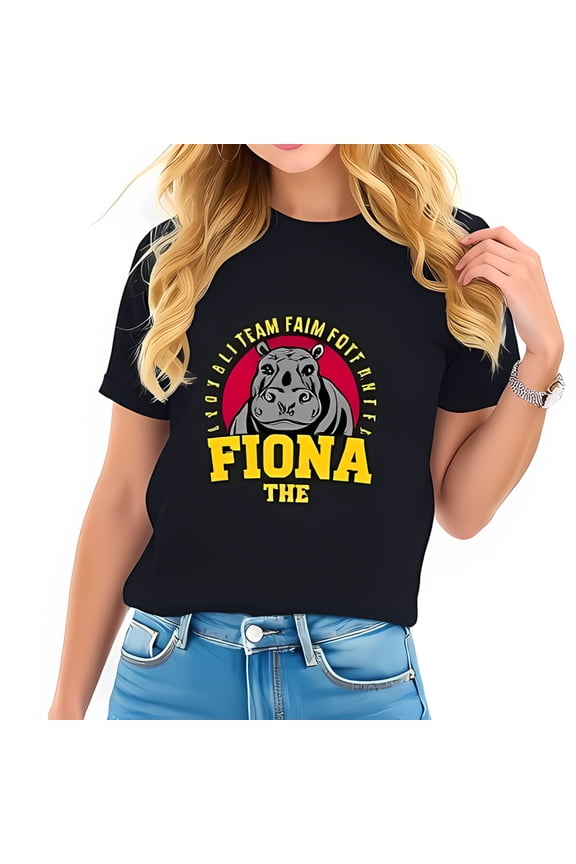 Fiona the Hippo Cotton Short Sleeve T-Shirt - Dark Navy with Red Circle Design & Yellow Text - Unique Graphic Tee