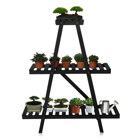 Fionafurn 3-Tier Folding Wooden Shelving Flower and Plant Display Stand for Indoors or Outdoors,Black