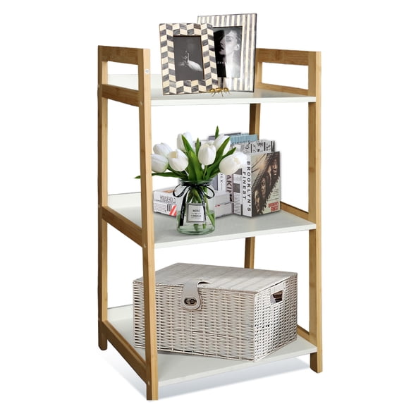 Fionafurn 3 Tier Ladder Bookshelf, Wood Open Display Shelf Storage Shelves Unit - Natural + White