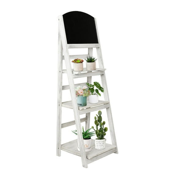 Fionafurn 3-Tier Ladder Shelf with Chalkboard, Foldable Wooden Bookshelf Plant Stand Display Shelf, White
