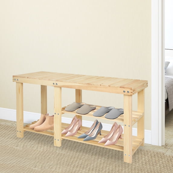 Fionafurn 33.5" Solid Wood Shoe Bench 3-Tier Shoe Storage Rack Organizer for Entryway Hallway Closet Living Room Bathroom, Natural