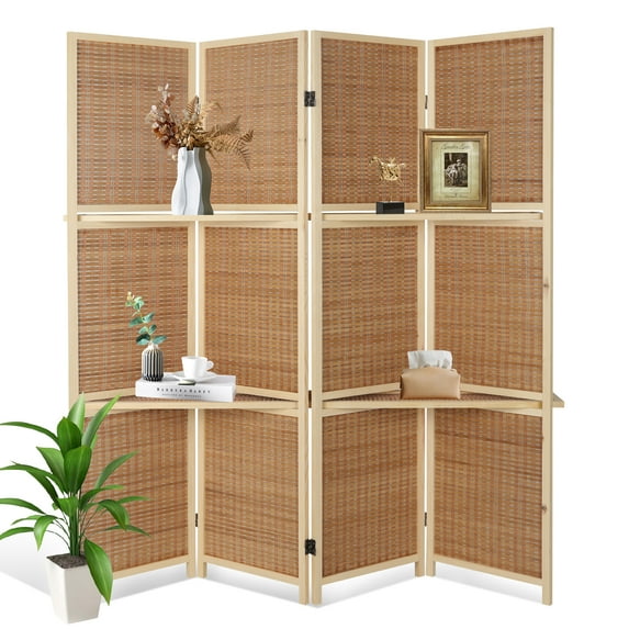 Fionafurn 4 Panel Bamboo Woven Room Divider with Display Shelves Folding Partition Room Privacy Screen, Natural&Brown