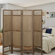 Fionafurn 4-Panel Room Divider Platane Wood Folding Louver Privacy Screen Partial Partition 67in(H), Deep Brown