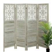 Fionafurn 4 Panel Room Divider, Wooden Folding Privacy Screens Portable Partition Room Dividers,White