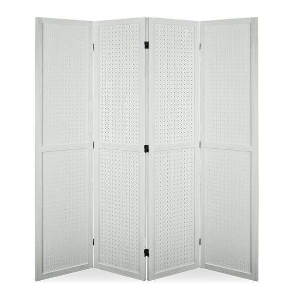 Fionafurn 4 Panel Room Divider, Wooden Folding Privacy pegboard display Screen for Craft Show Living Room, Black