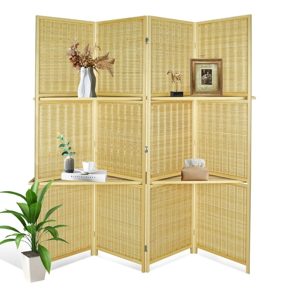 Fionafurn 4 Panel Room Divider with Display Shelves Folding Partition Room Privacy Screen, Natural