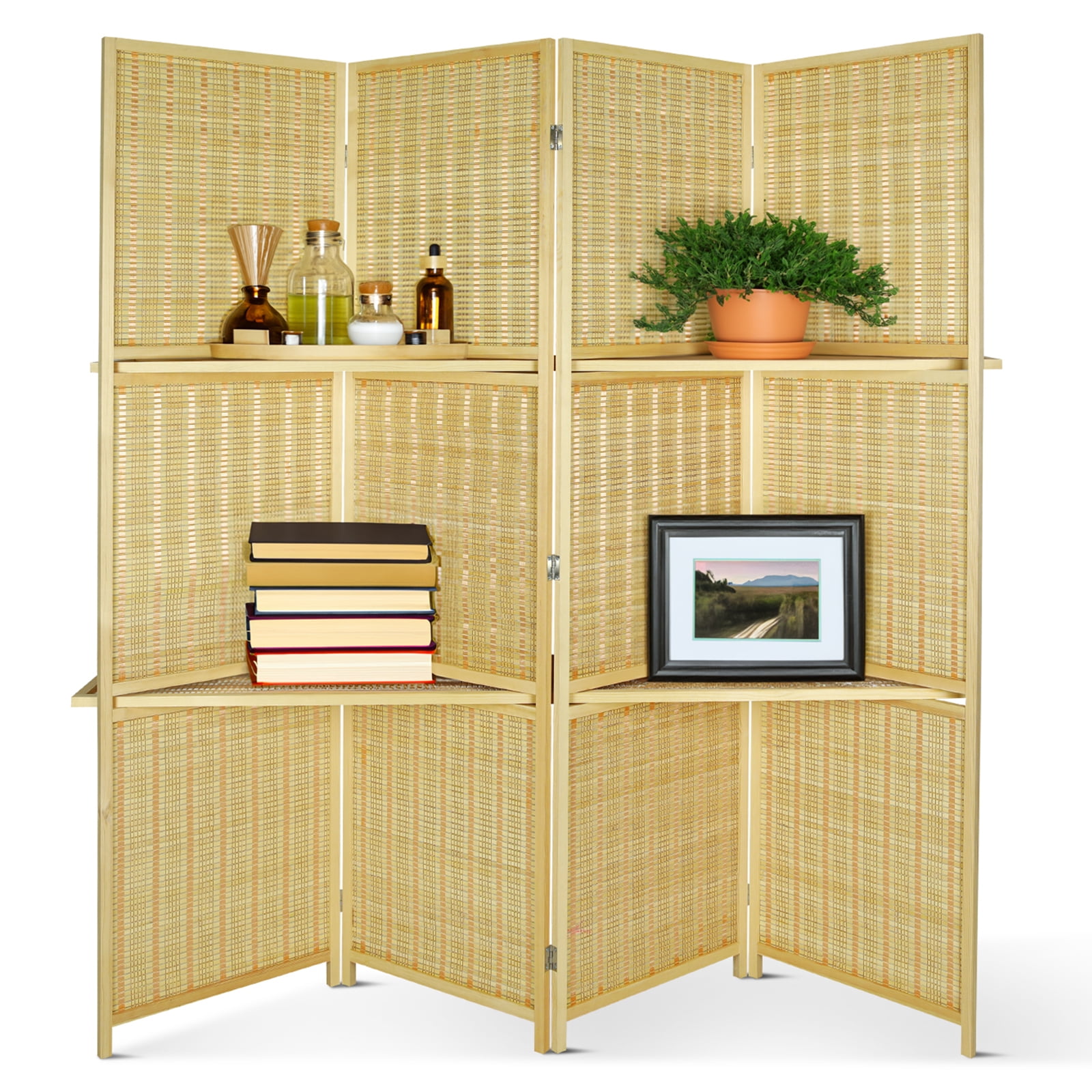 Fionafurn 4 Panels Room Divider with Display Shelves Weave Fiber