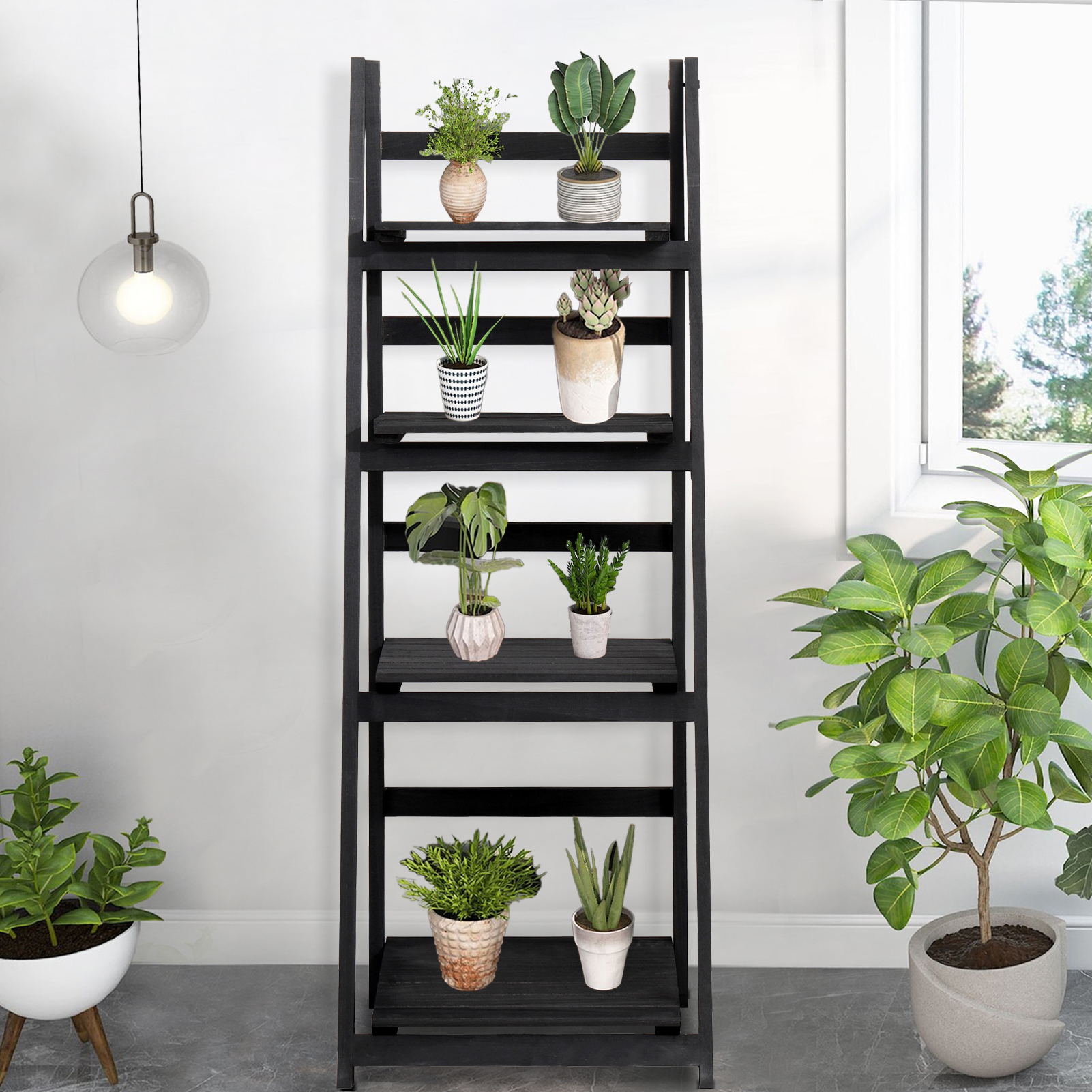 Somerset Home Leaning Ladder Shelves, 5 Tier Bookcase (White)