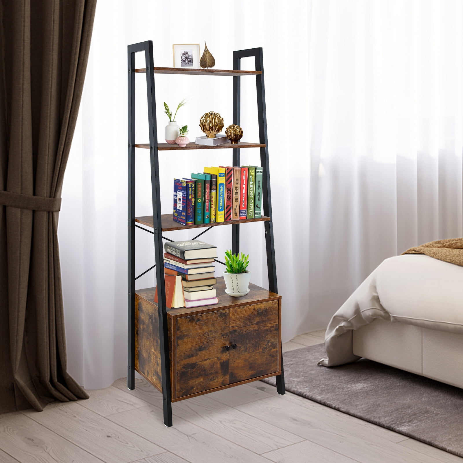 Fionafurn 4Tier Freestanding Wood Ladder Bookshelf, Bookcase with