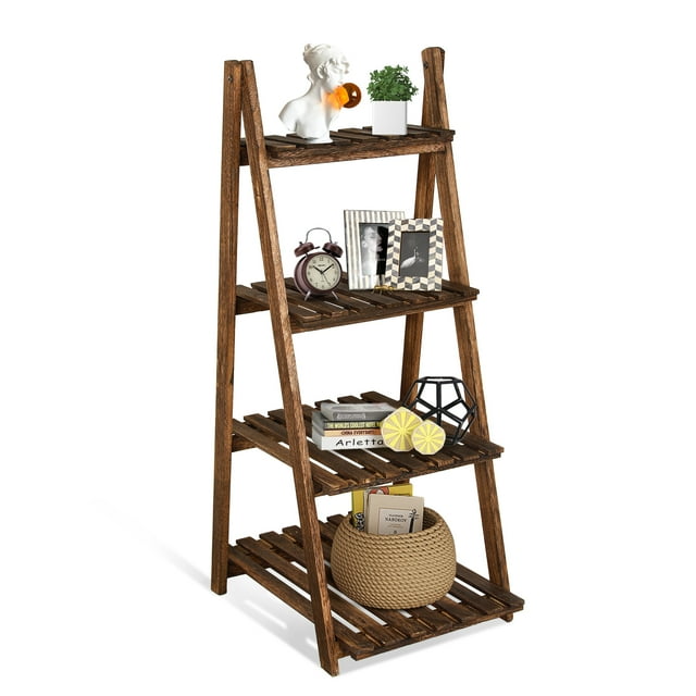 Fionafurn 4Tier Ladder Shelf, Wooden Plant Stand Shelf, Foldable Ladder Shelf with Open Storage