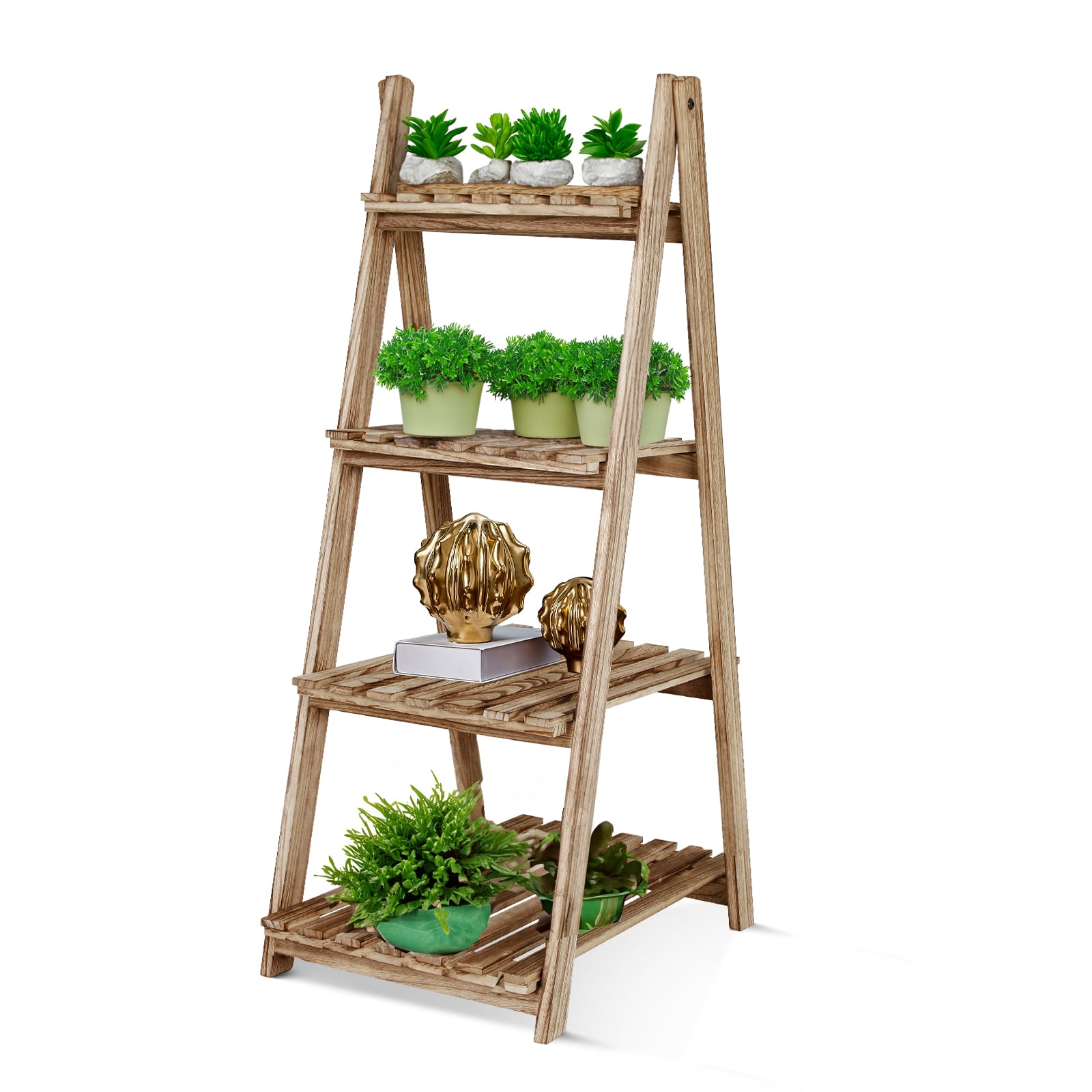Fionafurn 4Tier Ladder Shelf, Wooden Plant Stand Shelf, Foldable