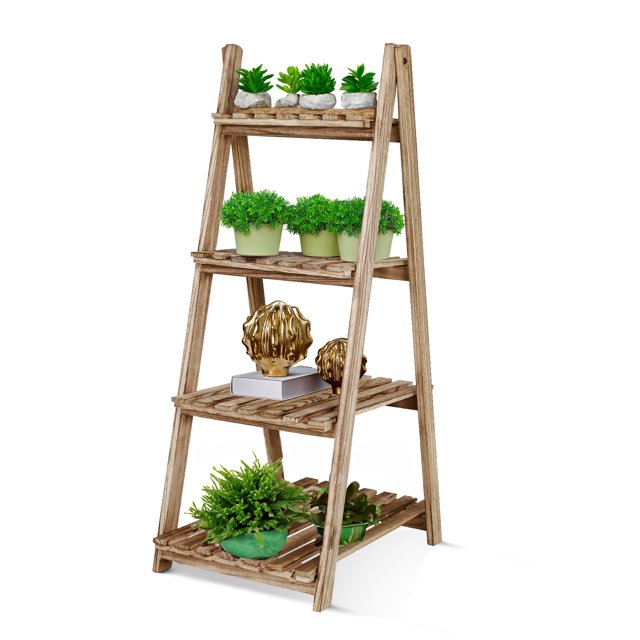 Fionafurn 4Tier Ladder Shelf, Wooden Plant Stand Shelf, Foldable Ladder Shelf with Open Storage