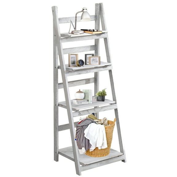 Fionafurn 4 Tier Step Ladder Shelf, Wooden Step Planter, 4 Tier Foldable Bookshelf for Home Bedroom Office, White