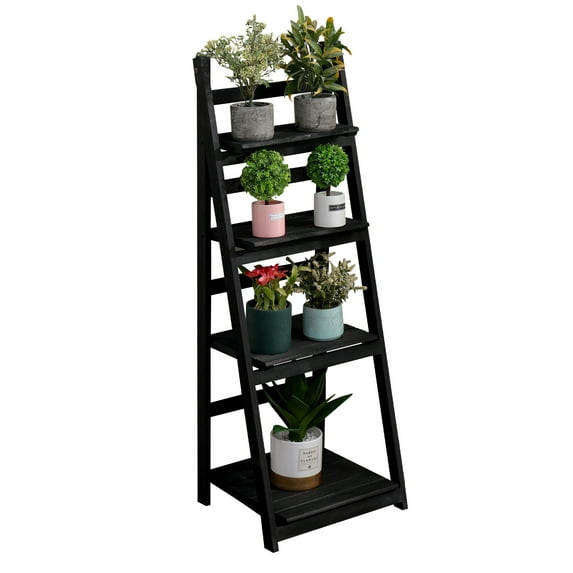 Fionafurn 4 Tier Wooden Ladder Shelf, Foldable Storage Rack for Home Bedroom Office , Black