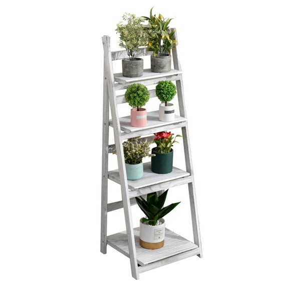 Fionafurn 4 Tier Wooden Ladder Shelf, Foldable Storage Rack for Home Bedroom Office , White