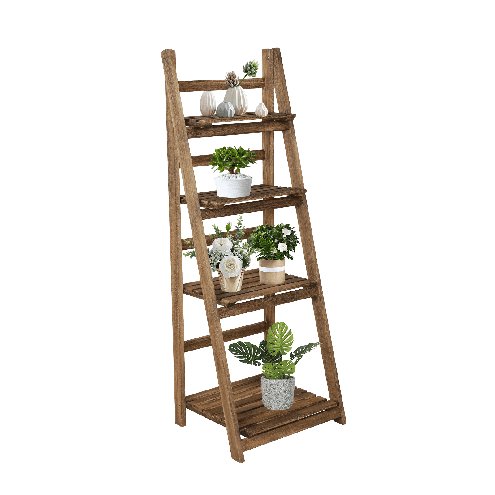 Fionafurn 4Tier Wooden Ladder Shelf Foldable Strip Plant Shelf Storage Rack, Brown