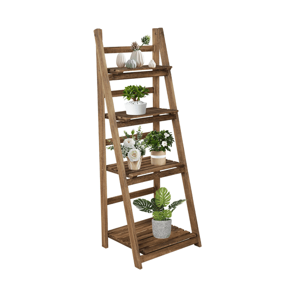 Fionafurn 4-Tier Wooden Ladder Shelf Foldable Strip Plant Shelf Storage Rack, Brown