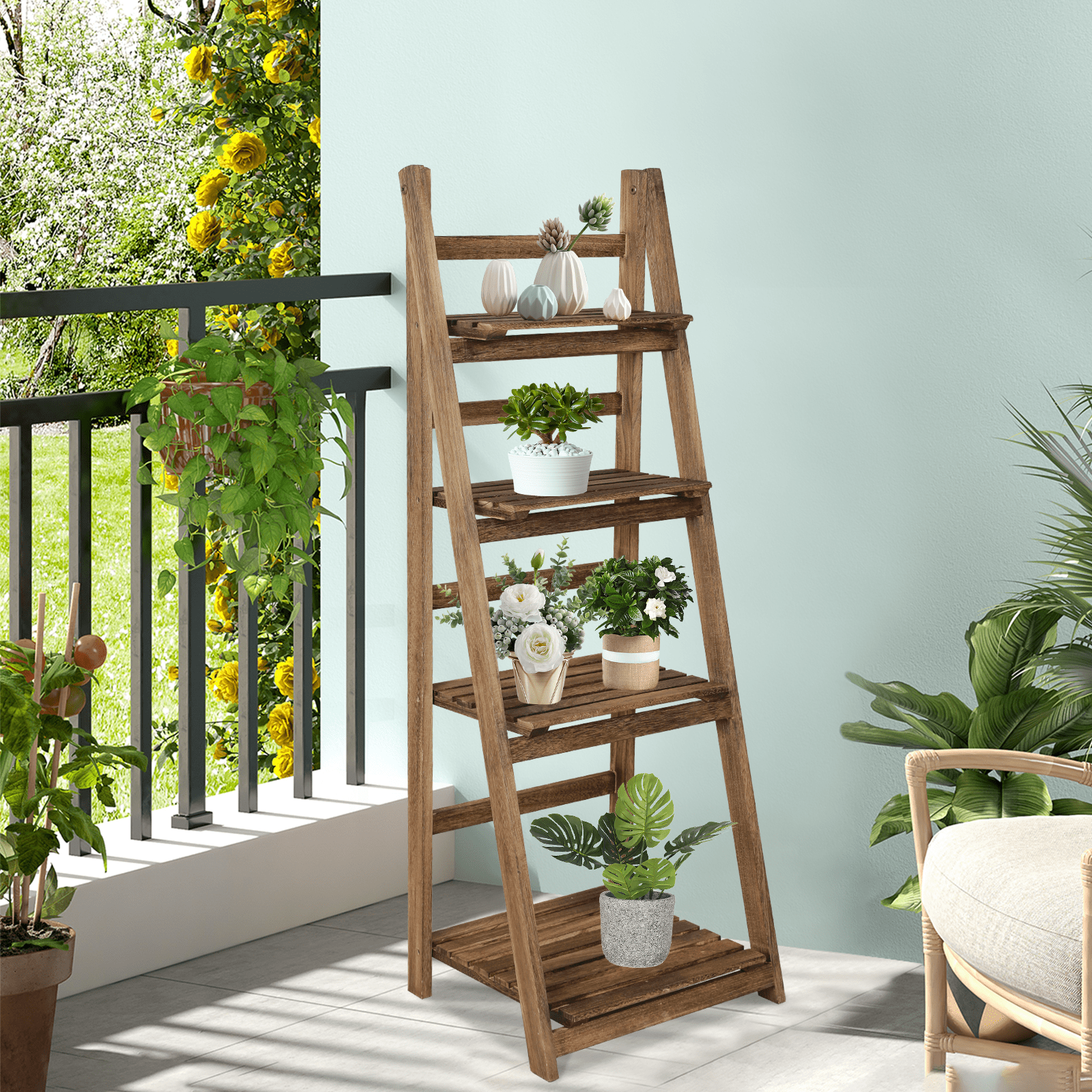 Fionafurn 4-Tier Wooden Ladder Shelf Foldable Strip Plant Shelf Storage ...