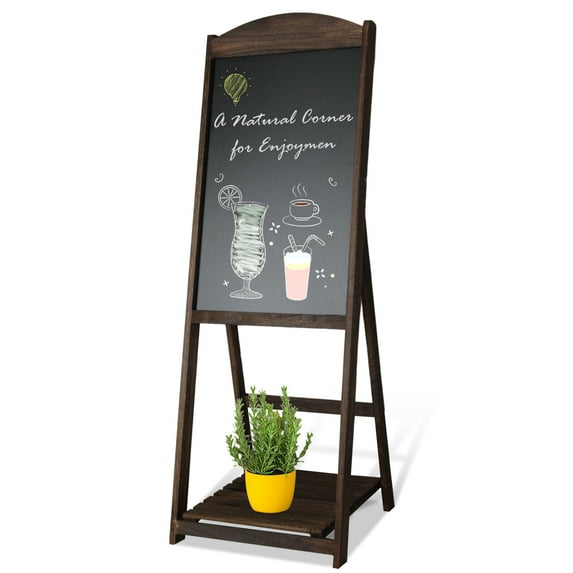 Fionafurn 4 ft Wood Sidewalk Chalkboard Sign with Display Shelf, Erasable Easel Memo Board,Brown