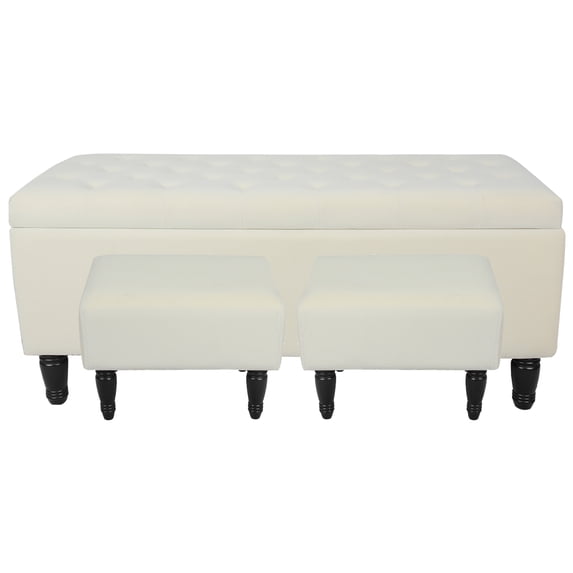 Fionafurn 43.3" Rectangular Velvet Storage Ottoman Bench with 2 Footstool, Hinged Lid Lift Top, Beige