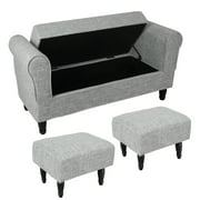 Fionafurn 47" Arm Ottoman with Storage and 2 Footstools,Large Storage Bench for Bedroom, Living Room, Linen-Light Gray