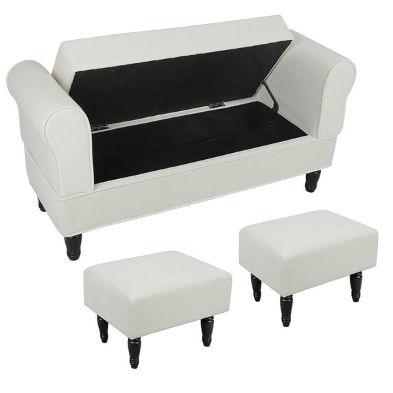 Fionafurn 47" Arm Ottoman with Storage and 2 Footstools,Large Storage Bench for Bedroom, Living Room, Velvet-Beige