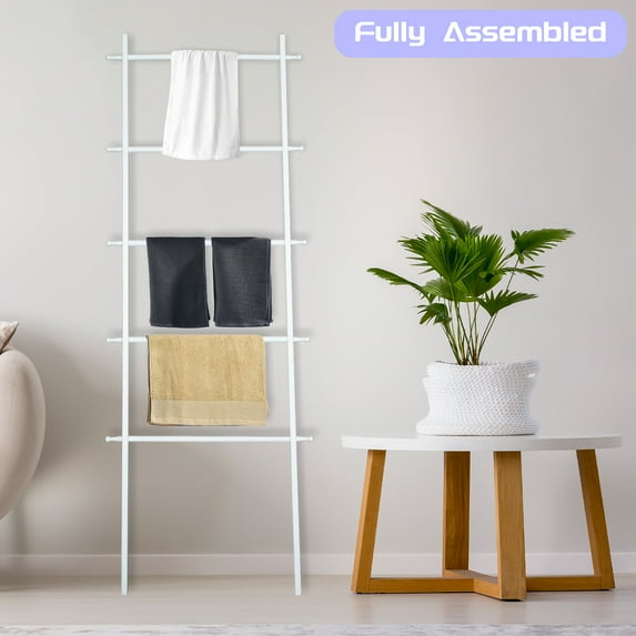 Fionafurn 5.3FT Wall Leaning Blanket Ladder, 5-Tier Wooden Farmhouse Quilt Stand Home Decor, White
