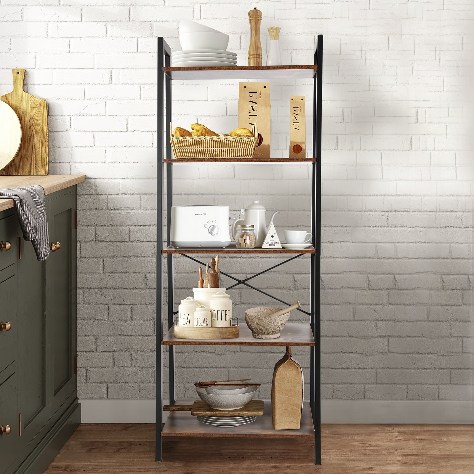 Fionafurn 5-Tier Freestanding Wood Ladder Bookshelf, Bookcase Leaning ...