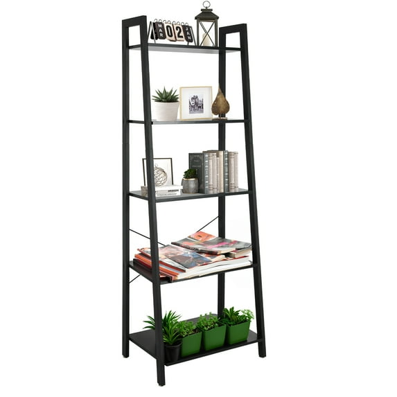 Fionafurn 5 Tier Ladder Shelf Bookshelf Open Storage Rack with Metal Frame,for Home Office,Black panel