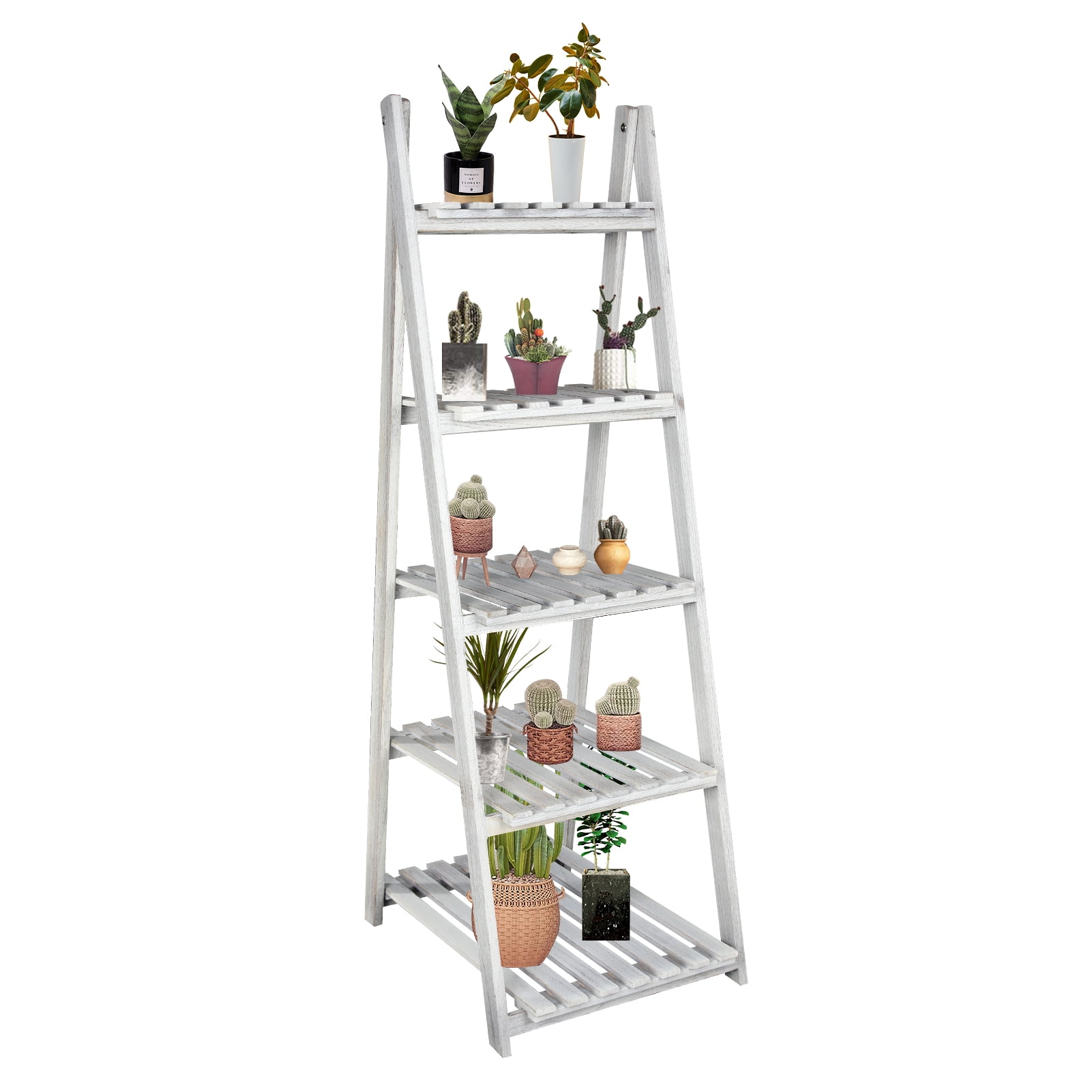 Fionafurn 5Tier Ladder Shelf, Wooden Foldable Ladder Shelf with Open