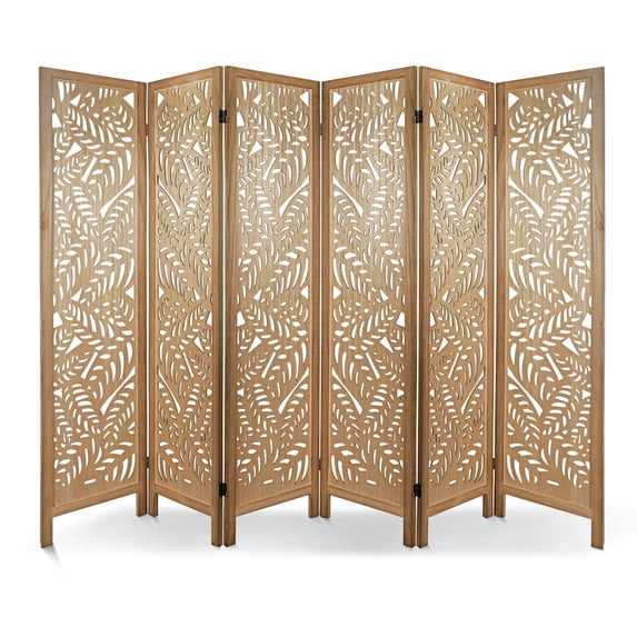 Fionafurn 6 Panel Carved Room Divider,Wooden Folding Decorative Privacy Screen, Brown
