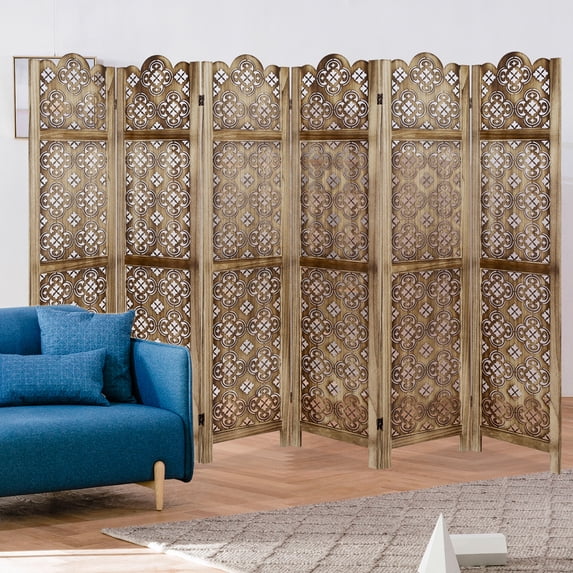 Fionafurn 6 Panel Carved Room Divider,Wooden Screen Folding Decorative Portable Privacy Partition,Brown