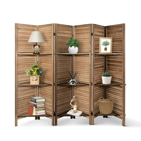 Fionafurn 6 Panel Room Divider,With 3 Display Shelves Detachable,Folding Privacy Wooden Screen,for Bedroom Living Room Office,Dark Brown