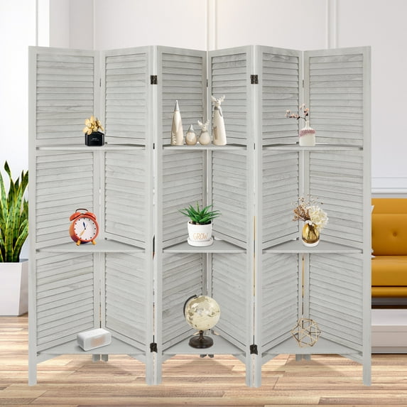 Fionafurn 6 Panel Room Divider,With 3 Display Shelves Detachable,Folding Privacy Wooden Screen,for Bedroom Living Room Office,White