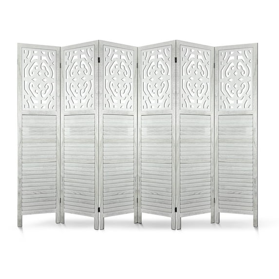 Fionafurn 6 Panel Room Divider, Wooden Freestanding Cutout Louver Design Partition Screen for Office Family, White