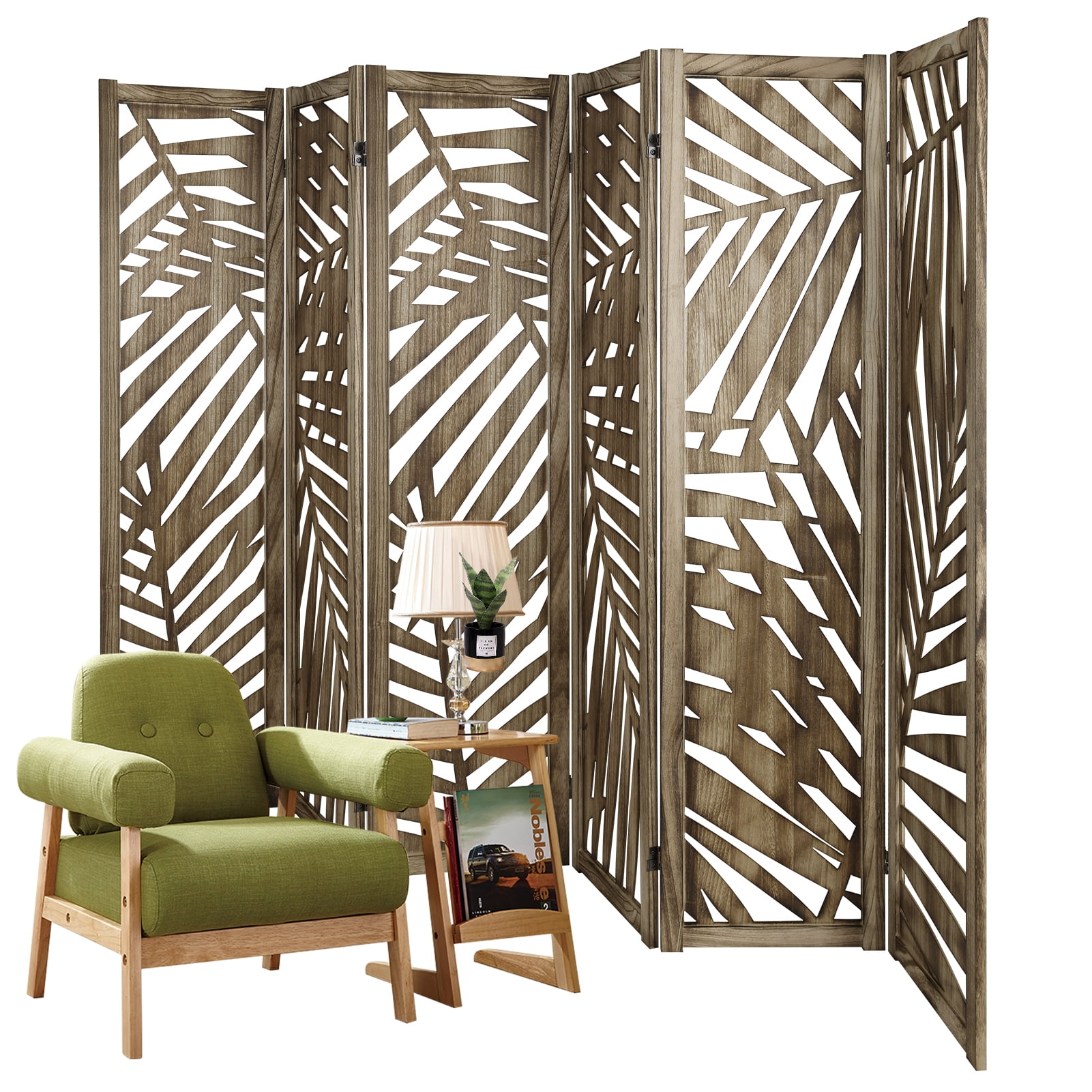 Fionafurn 6 Panels Carved Room Divider, Wooden Room Divider, Foldable