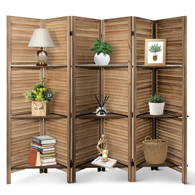Fionafurn 6 Panels Wood Room Divider Folding Screen with Display Shelves, Brown