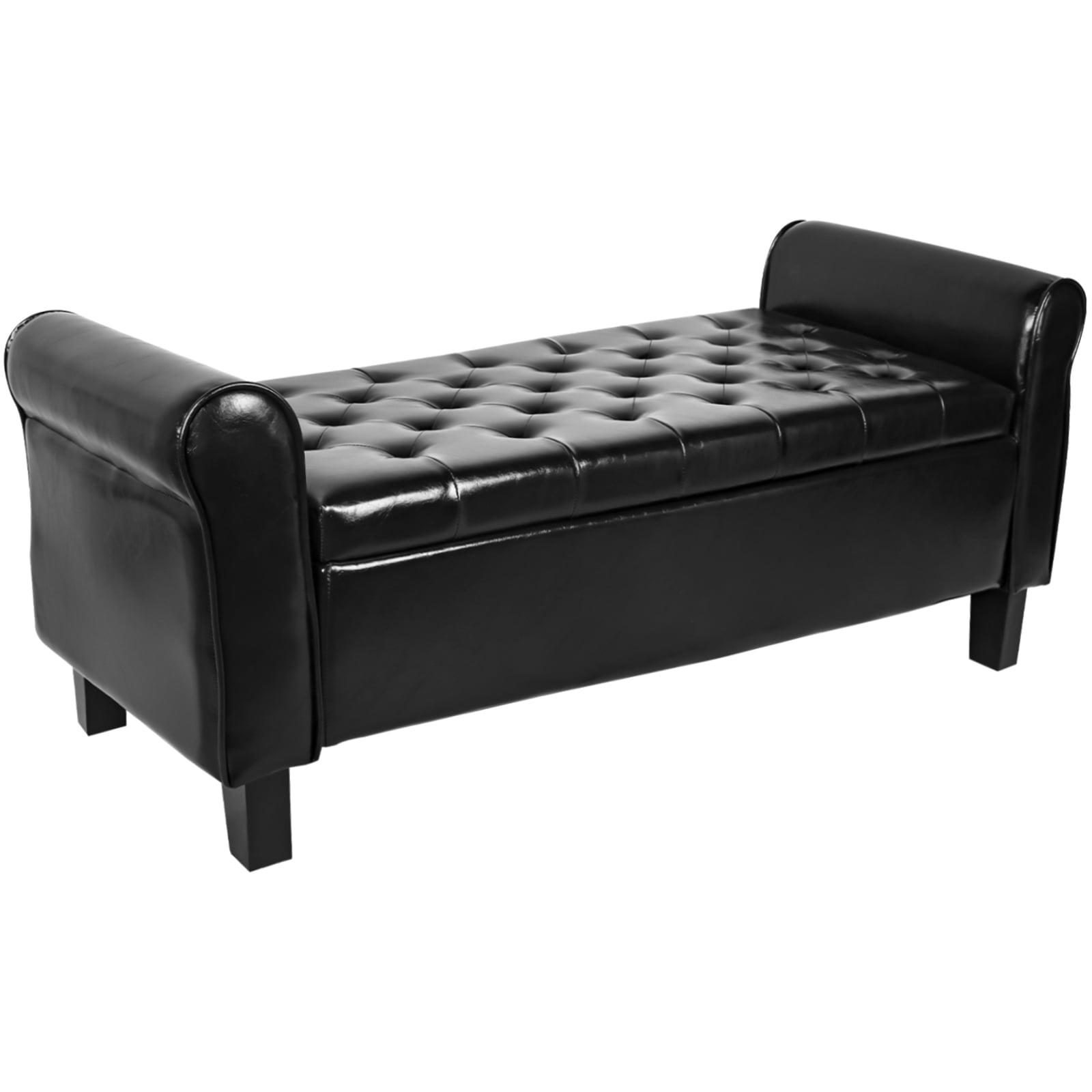 Fionafurn Contemporary Ottoman Storage Bench with Rolled Arms, Black PU