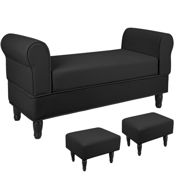 Fionafurn Contemporary Rolled Arm Velvet Storage Ottoman Bench with 2 Footstools, End of Bed Bench, Black