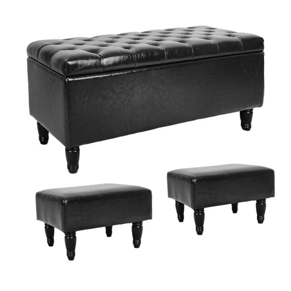 Fionafurn Faux Leather End of Bed Storage Bench ,with 2pcs Ottoman Footrest Stool,Black