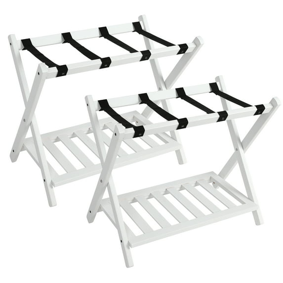 Fionafurn Folding Luggage Rack With Shelf, Travel Suitcase Shoe Storage Holder Wood Stand, Pack of 2, White
