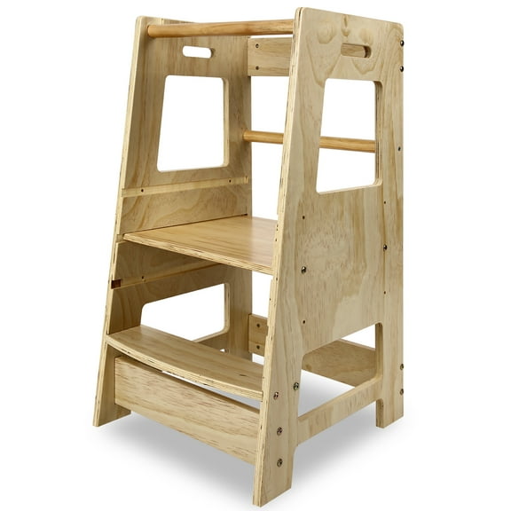 Fionafurn Kids Wooden Step Stool with Safety Rail, Adjustable Height Standing Tower Learning Stool for Kitchen Counter (Natural)