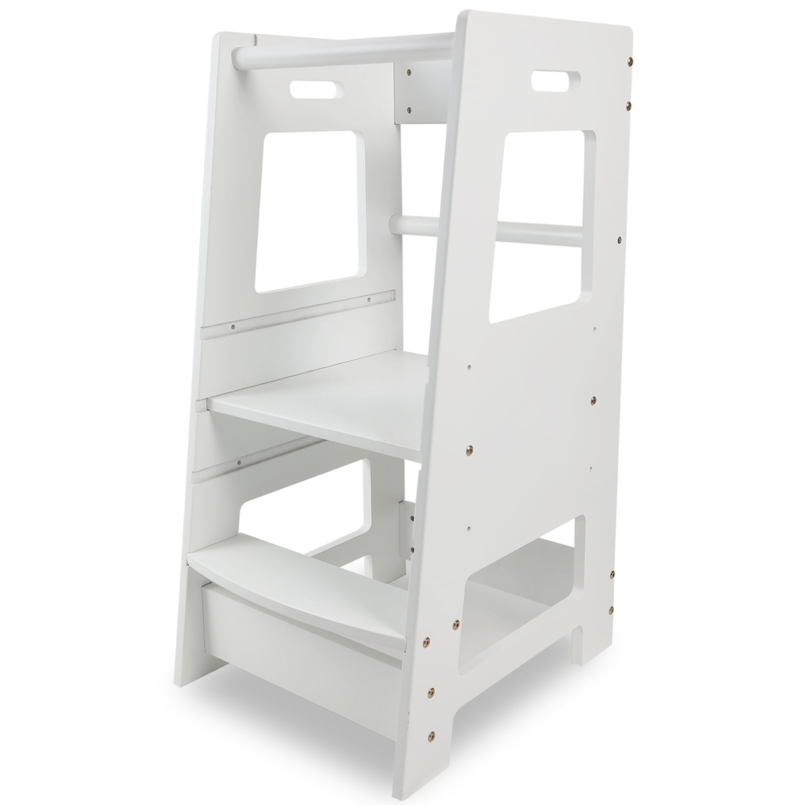White Adjustable Wooden Toddler Standing Step Stool with Safety Rails