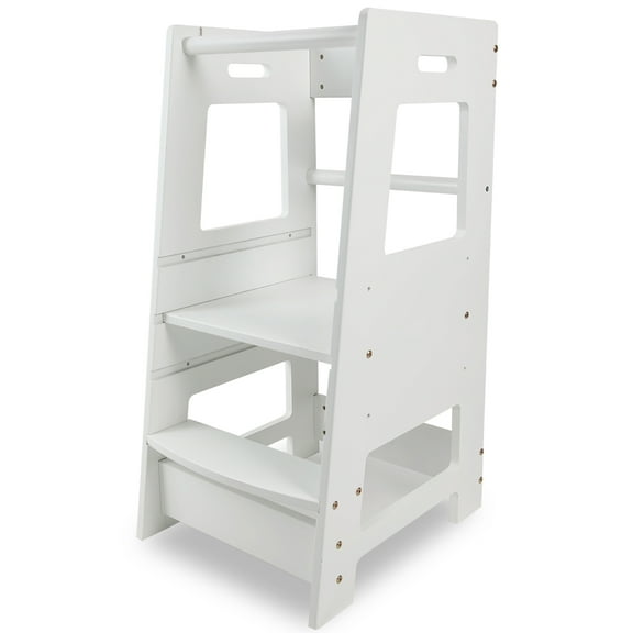 Fionafurn Kids Wooden Step Stool with Safety Rail, Adjustable Height Standing Tower Learning Stool for Kitchen Counter (White)