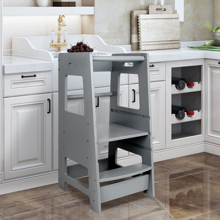 Ecomex Fionafurn Adjustable Kitchen Step Stool for Kinds with Safety Rail, Gray