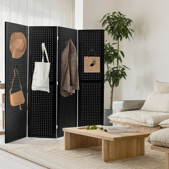 Fionafurn Room Divider Pegboard Display Folding Wood Portable Freestanding, Wall Organizer 67in 4-Panel (Black)