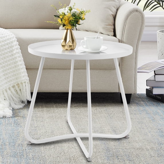 Fionafurn Round Side Table, Metal End Table, Small Patio Coffee Table for Porch Yard Balcony Garden, White